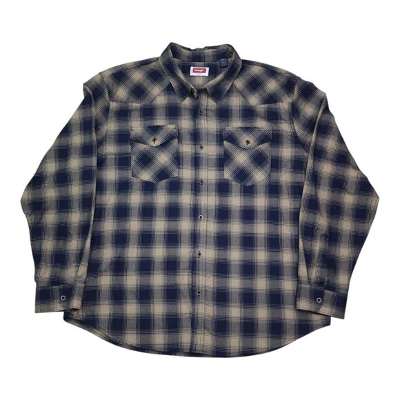 Wrangler Mens Plaid Flannel Button-Up Shirt 2XL Navy & Beige Long Sleeve Classic - Picture 1 of 7